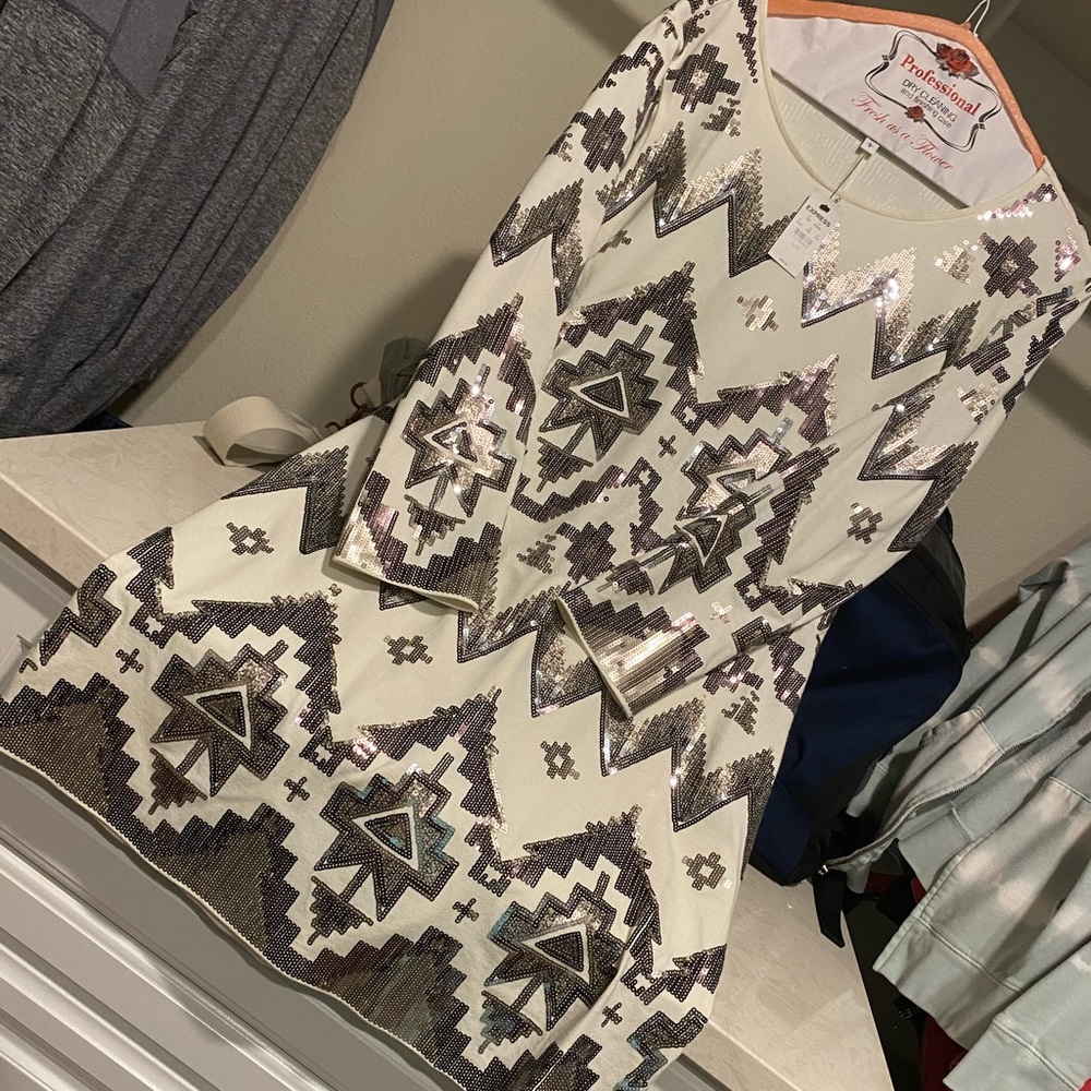 NWT White and Silver Sequin Express Dress Sz Large